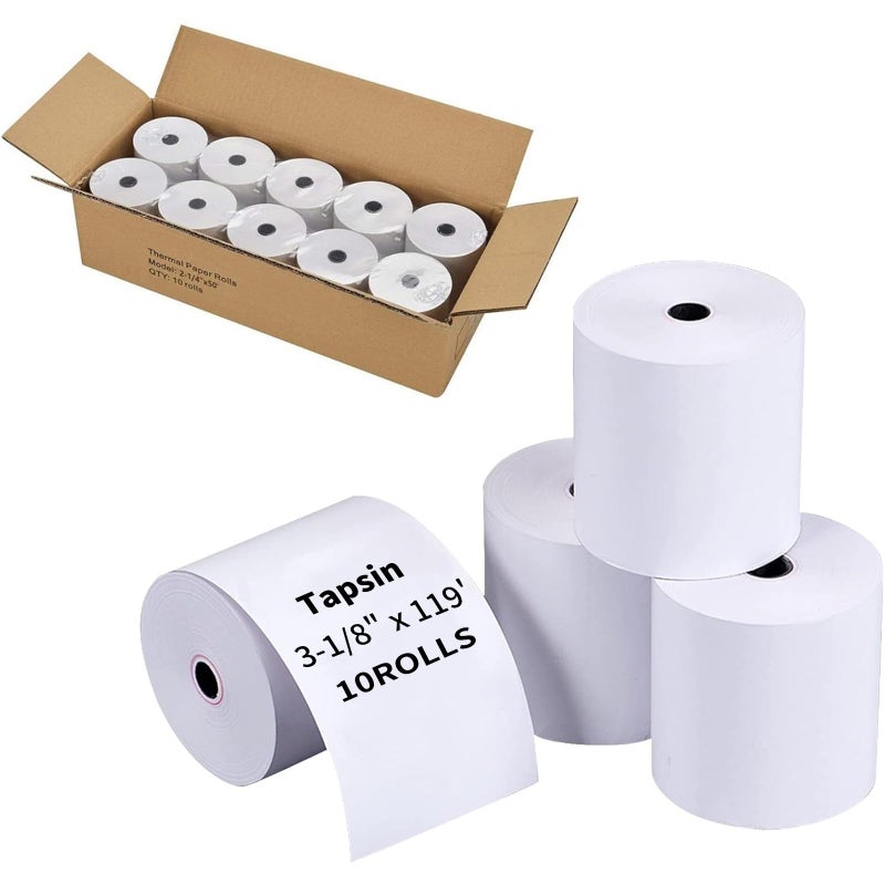 Tapsin 3-1/8"" x 119' Thermal Receipt Paper, Pos Receipt Paper, Cash Register Rolls, Receipt Roll for 80mm Thermal POS Printer, 10 Rolls - Image 1